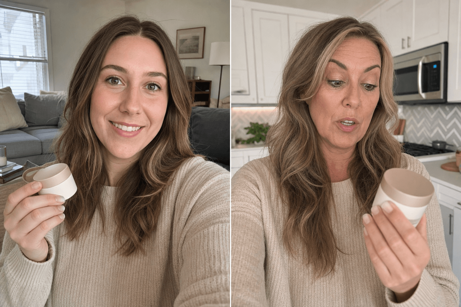 Two scene cuts of the 'same' UGC creator filmed from different angles in different rooms; between the two shots her facial features drift into a noticeably different person.
