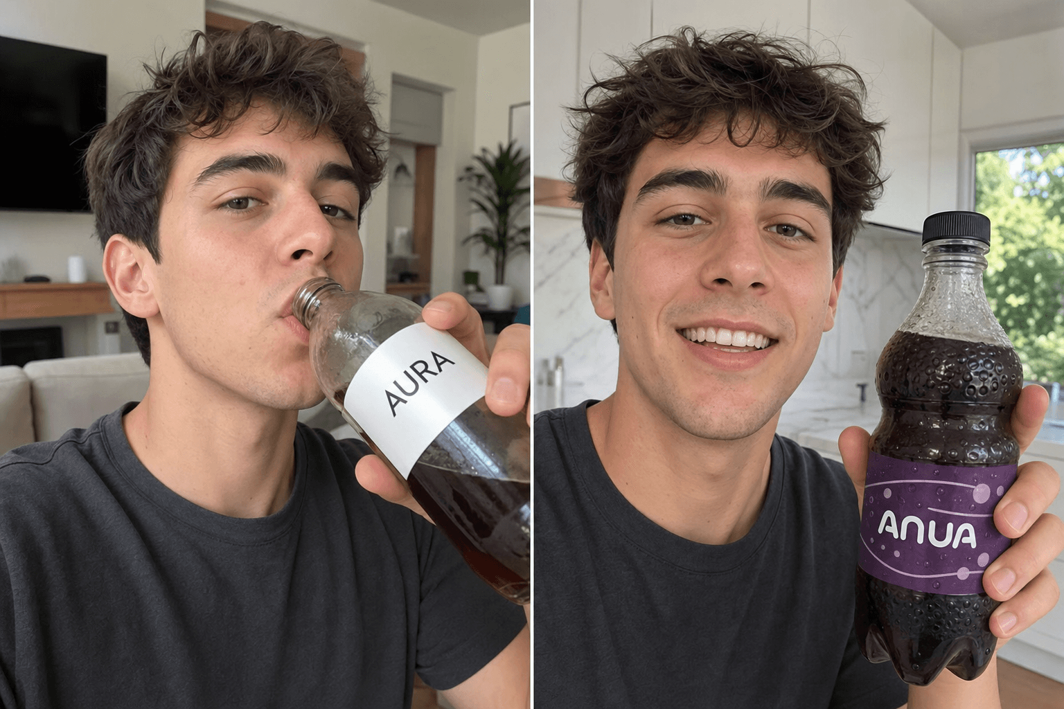 The same UGC creator drinking the same soft drink across two scene cuts: in Scene 1 the bottle is labelled 'AURA'; by Scene 5 the AI-generated bottle has a different shape and a garbled 'ANUA' label.